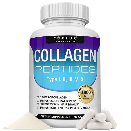 Toplux Multi Collagen Peptides Pills 1800 Mg Complex - Type I, II, III, V, X Premium Collagen Complex for Better Skin & Hair, Strong Joint, Hydrolyzed Protein, for Men Women, 90 Capsules, Supplement